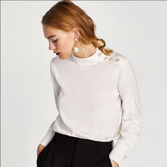 Zara Tops - Zara White Blouse with Pearl Button Details
